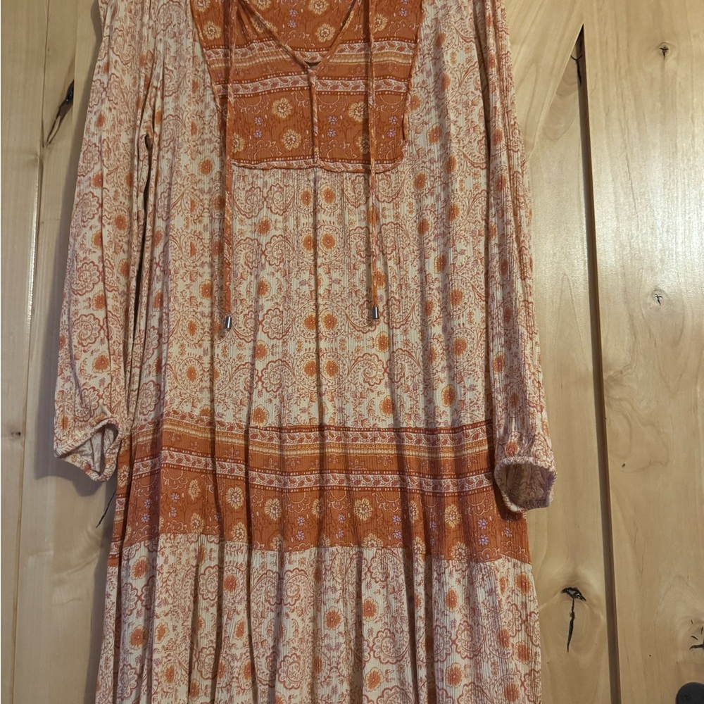 Lucky Brand Orange and Cream Long Sleeve Boho Maxi Dress